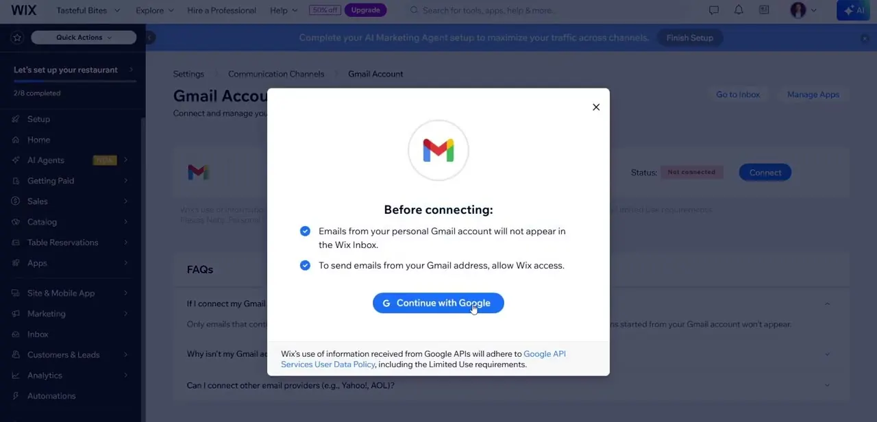 The Gmail Account connection dialog, spelling out that only site conversations sync and that sending requires Google account access.