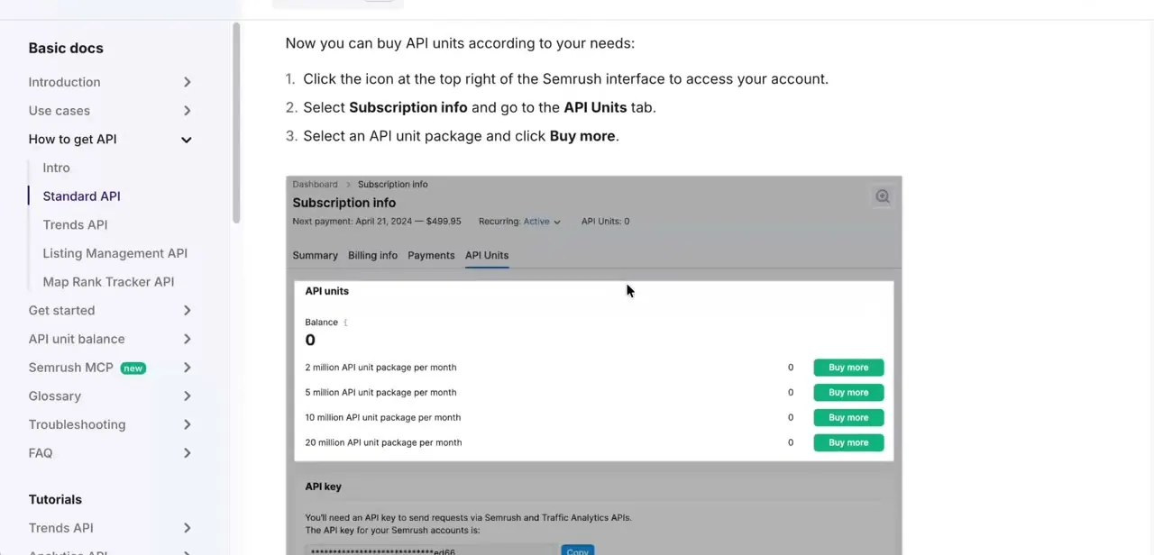 The API Units tab under Subscription Info, listing available unit packages and the account's API key section below.