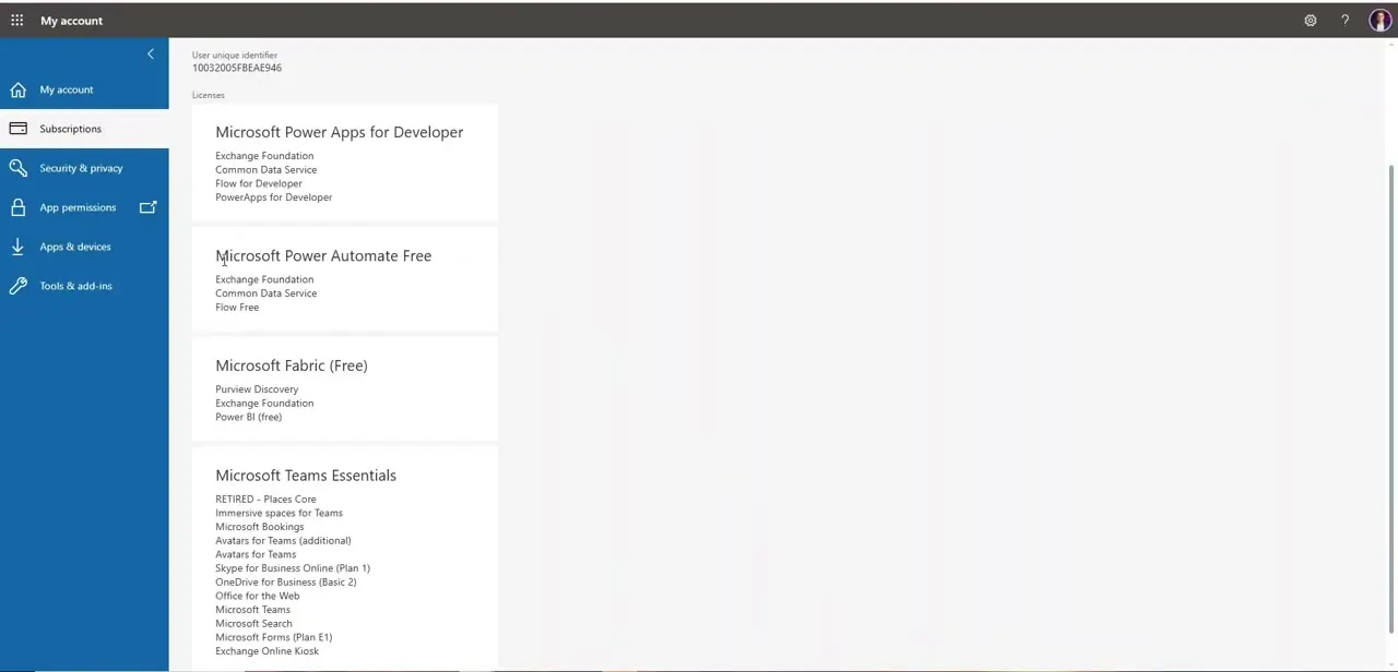 The My account Subscriptions page, listing every Microsoft license assigned to the user, including the Power BI (free) service bundled under Microsoft Fabric.
