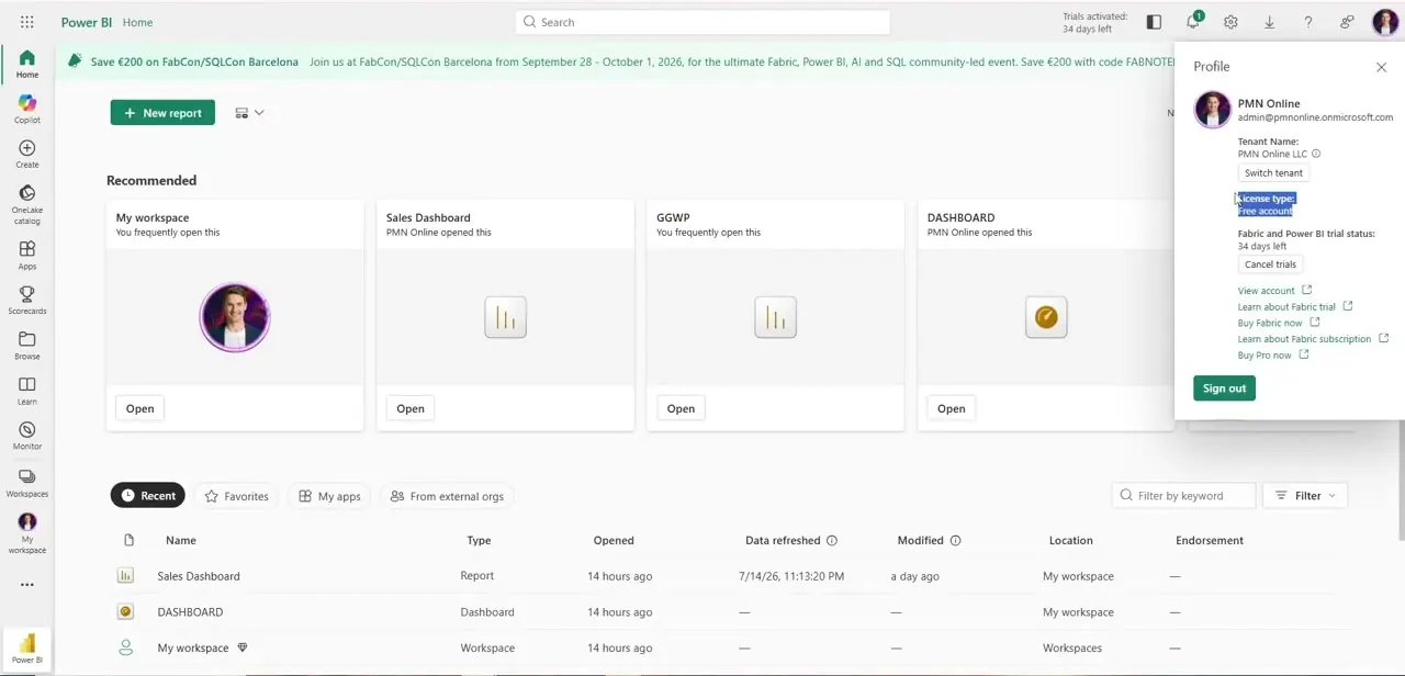 The profile panel opened from the Power BI service, with License type clearly shown — in this case, a Free account.