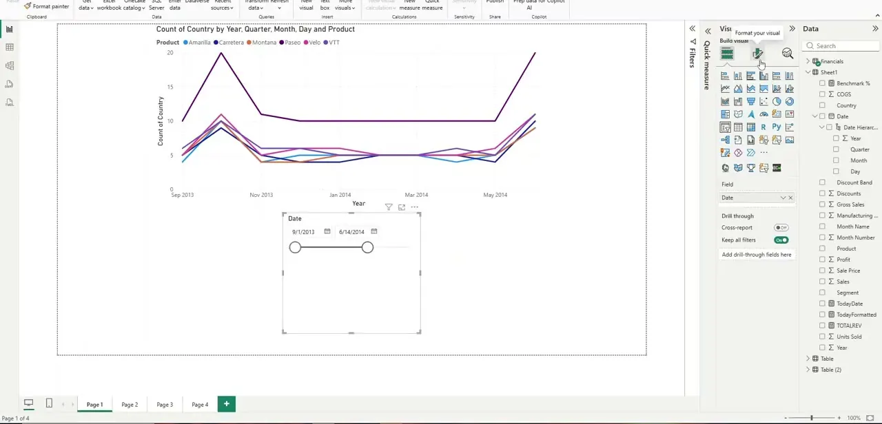 A slicer added to the report with Power BI's default Between style — a range slider with two draggable handles for selecting a start and end date.