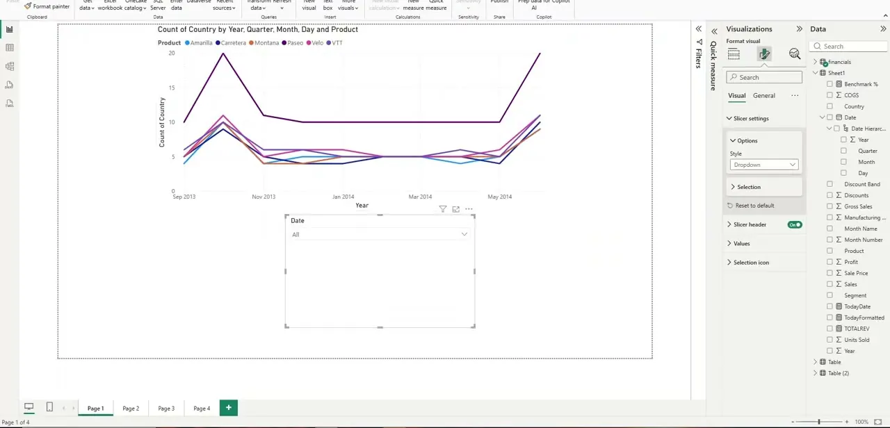 The Format pane's Slicer settings, with Style changed to Dropdown — the slicer collapses to a single compact box until clicked.
