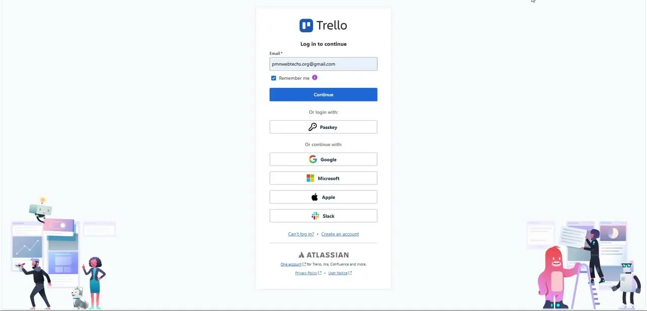 Trello's login screen. Signing in with the Slack button is a shortcut, not the integration itself — that gets configured separately once you're inside a board.