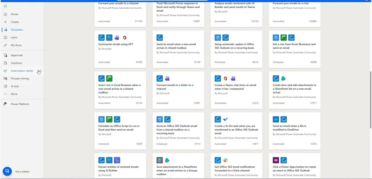 Power Automate's template gallery — rows of ready-made flows for common Outlook, SharePoint, and Excel automations that a business user can clone directly.