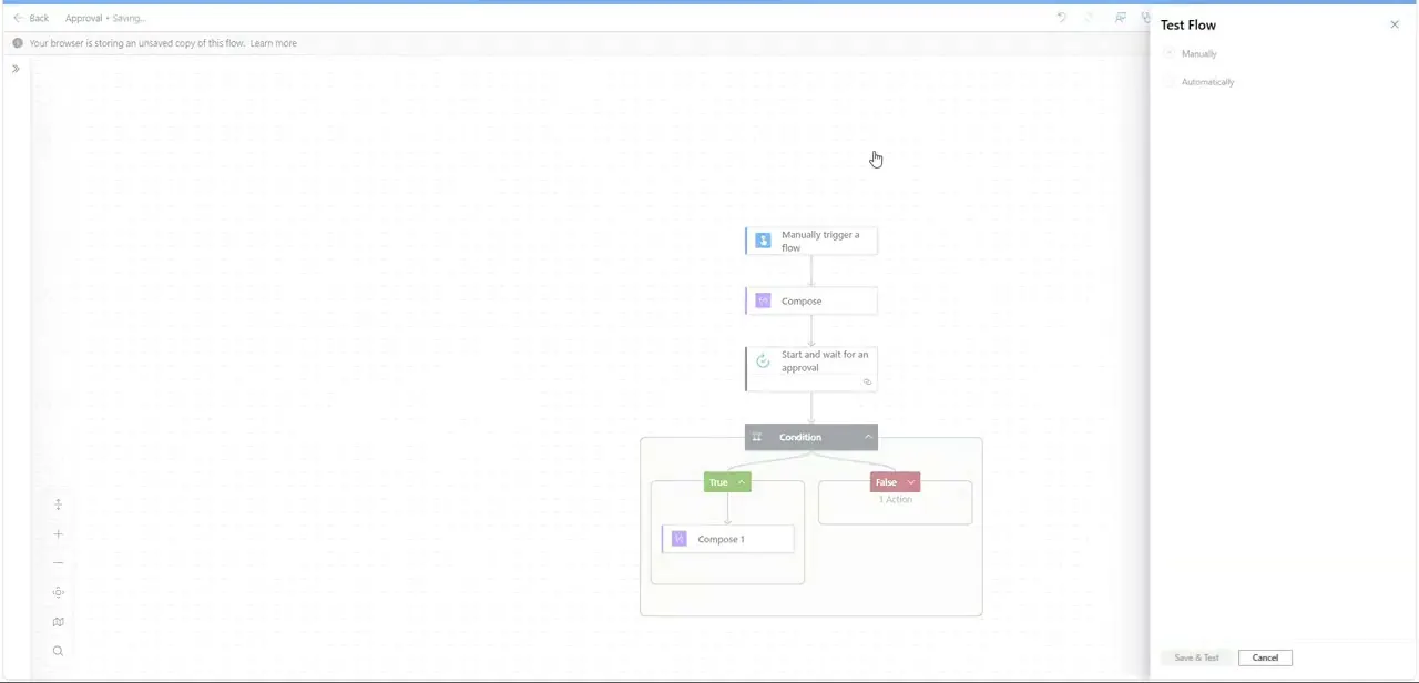 A flow's condition step branching into True and False paths, with the Test Flow panel open — the same trigger-condition-action shape Logic Apps runs under a different portal.