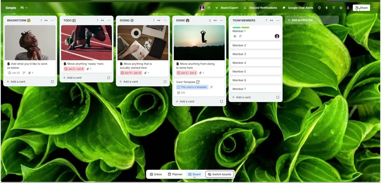 A Trello board with the Share button in the top-right corner, next to the existing member avatars.