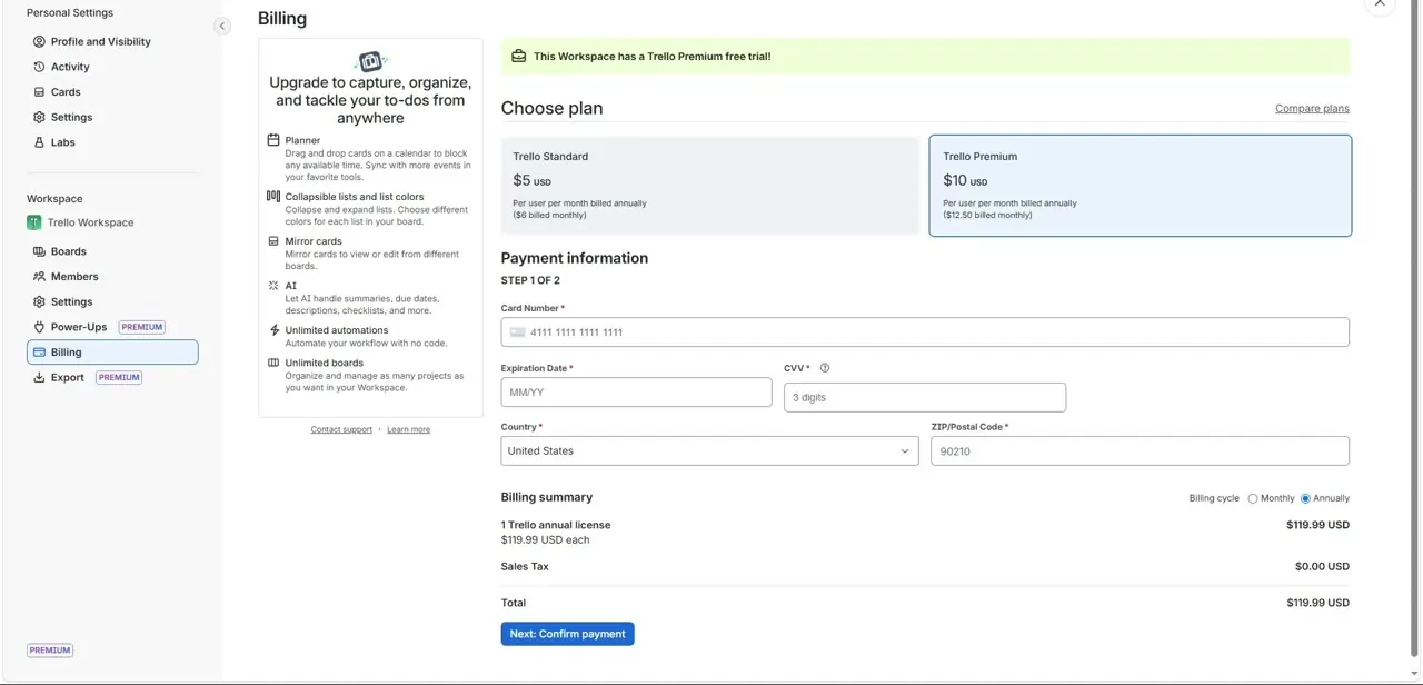 The Workspace Billing screen, showing the Standard vs. Premium plan comparison and the payment details on file, with Billing highlighted in the left sidebar.