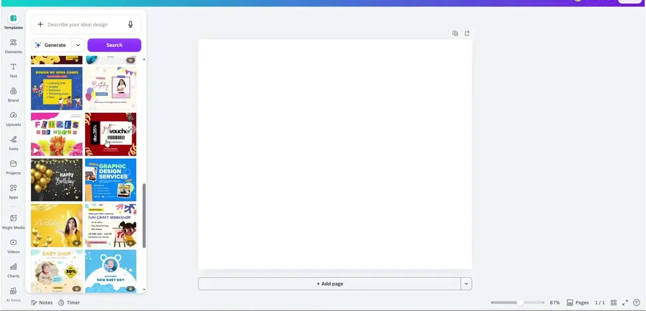 The Templates panel showing a range of ready-made social post designs to start from instead of a blank canvas.
