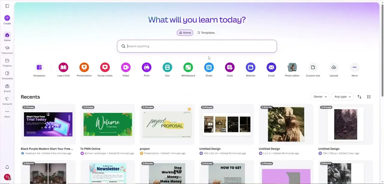 Canva's home dashboard, with format shortcuts across the top and recent designs below. This is the starting point before searching for a card template.