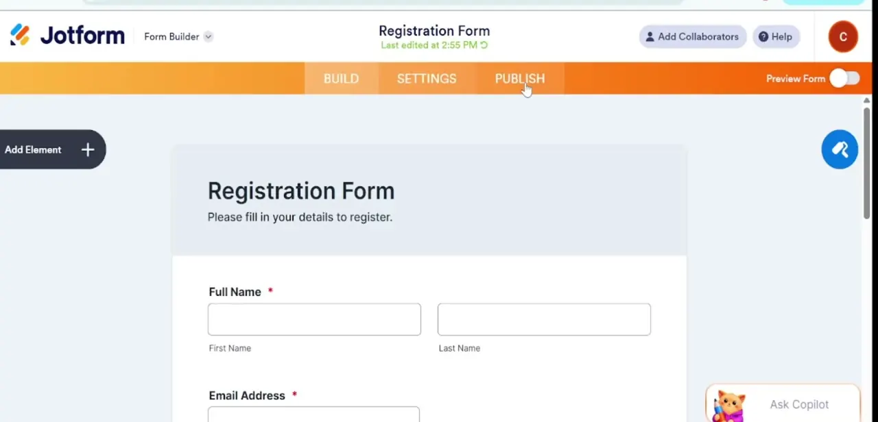 The Form Builder canvas for a Registration Form, with Add Element in the top left ready to open the elements sidebar.