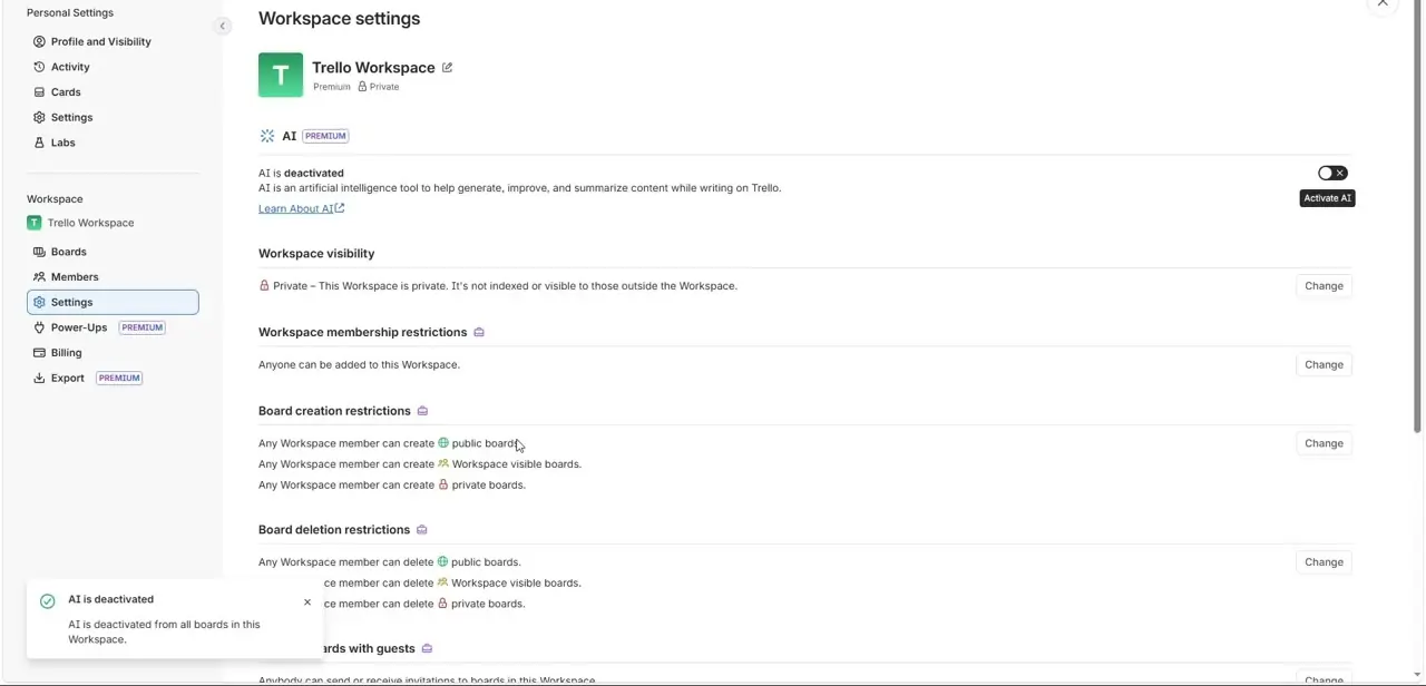 The Workspace settings AI section, showing the feature marked deactivated with the toggle and an "Activate AI" tooltip next to it.