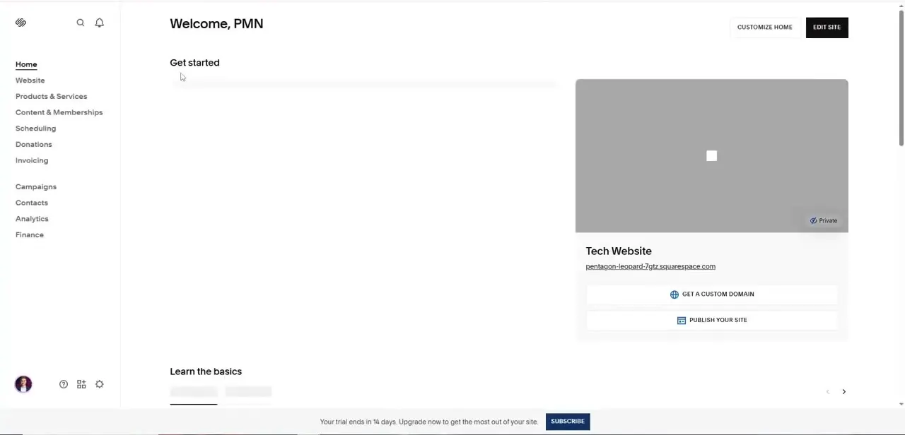 The Squarespace home dashboard, with the full site menu on the left and a status card showing the site's current domain and Publish option on the right.