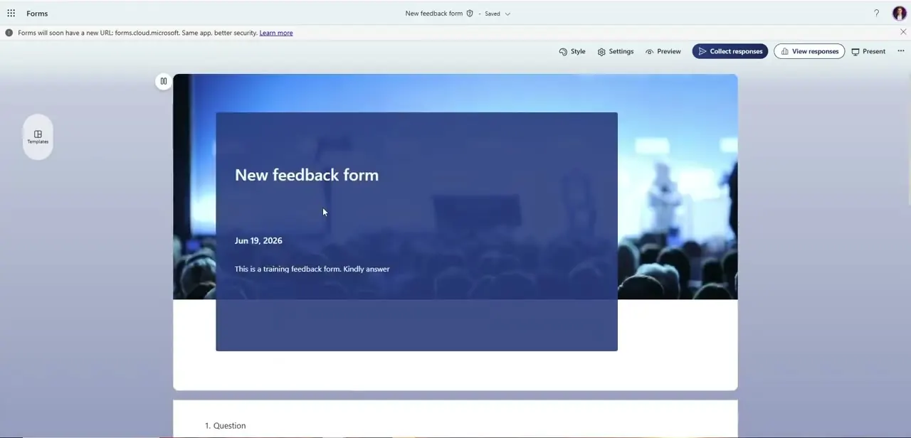 A form's cover section, showing the title, date, and description overlaid on the selected theme's background image.