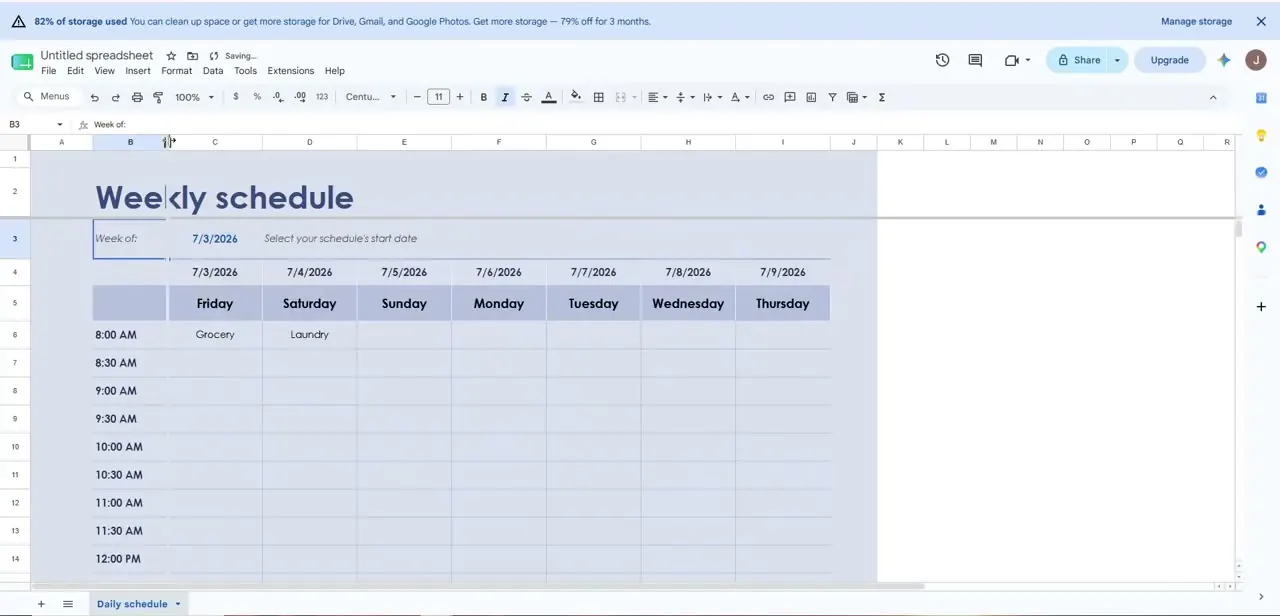 A Weekly schedule template with a selectable start date and the days of the week laid out as column headers.