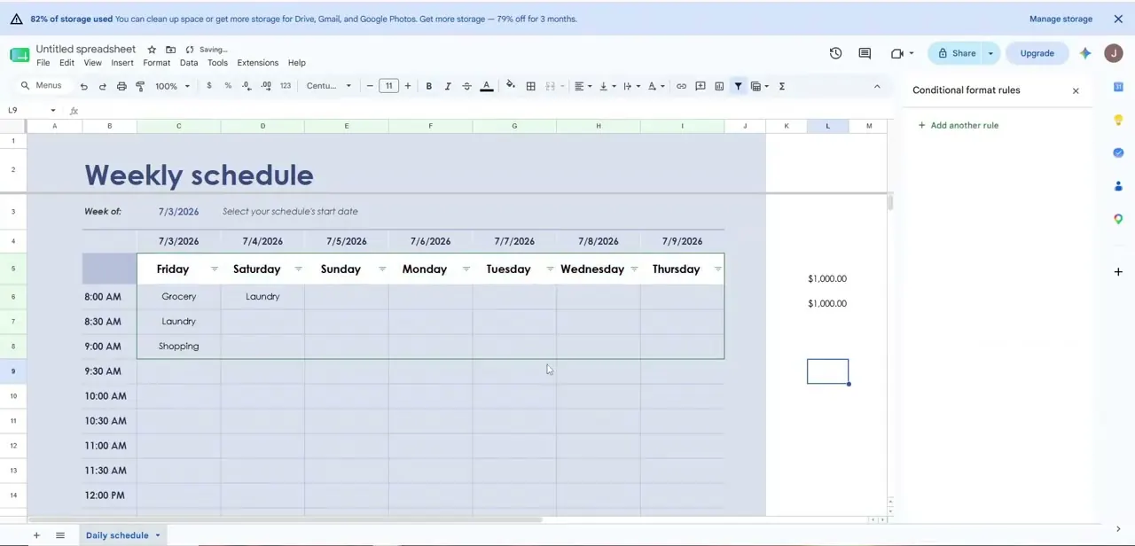 The Conditional format rules panel open beside a partially filled-in weekly schedule, with an option to add another rule.