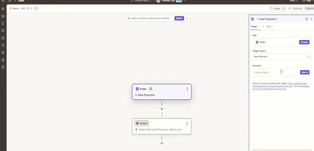 The Zap builder with Stripe selected as the trigger app and New Payment chosen as the trigger event, ready to connect an account.