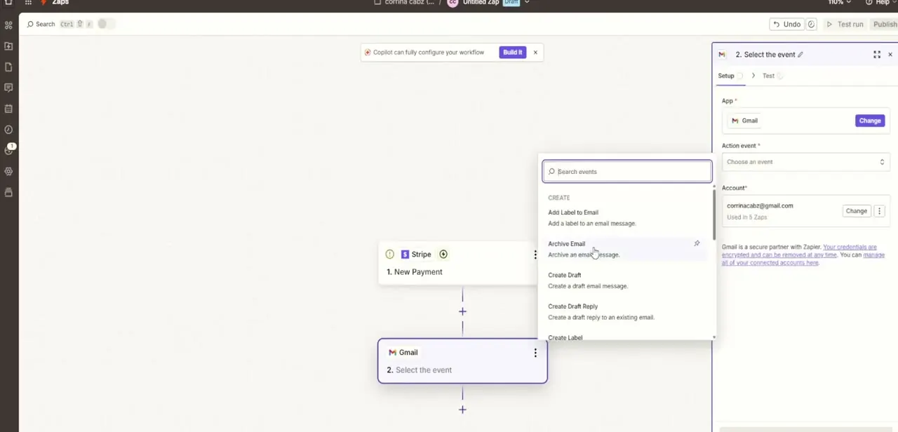 Choosing an action event for the Gmail step — a searchable dropdown listing options like Add Label to Email, Archive Email, and Create Draft.