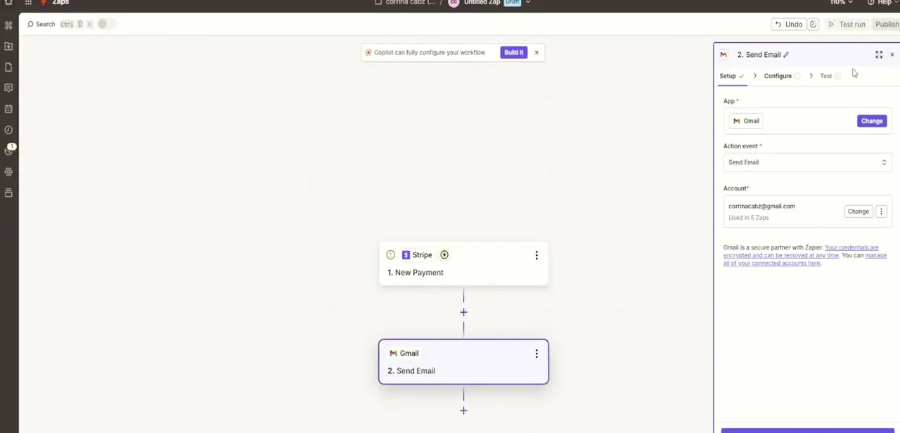 The Gmail action step set to Send Email, with the connected Gmail account shown and Setup marked complete ahead of the Configure stage.