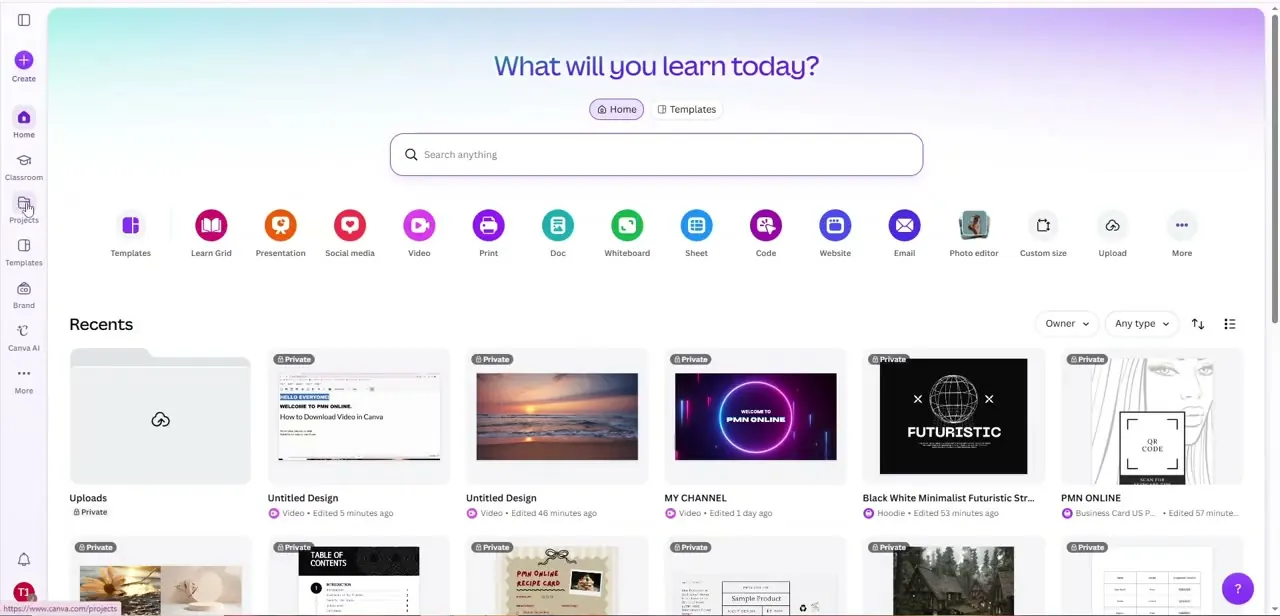The Canva home screen, with content-type shortcuts across the top and recent projects listed below.