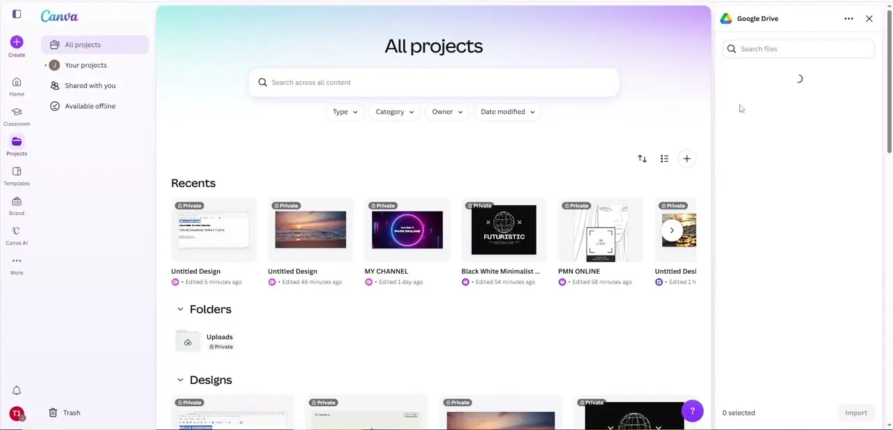 The Google Drive panel open inside Canva, ready to search for and select a file to bring in.