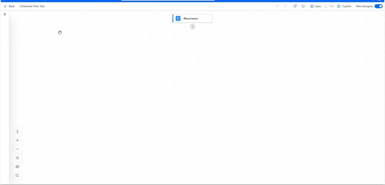 A fresh scheduled flow canvas with just the Recurrence trigger placed, ready for actions to be added below it.