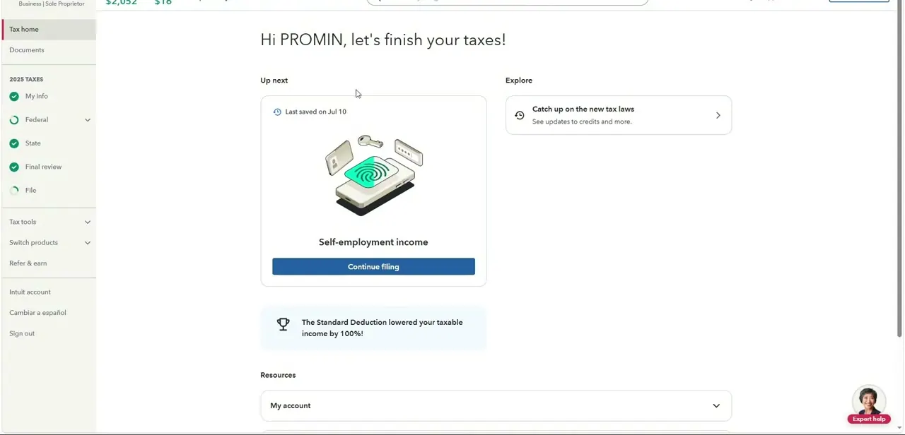 The Tax Home dashboard after logging back into a return. The left-hand checklist is where Federal, and eventually Medical expenses, is reached.