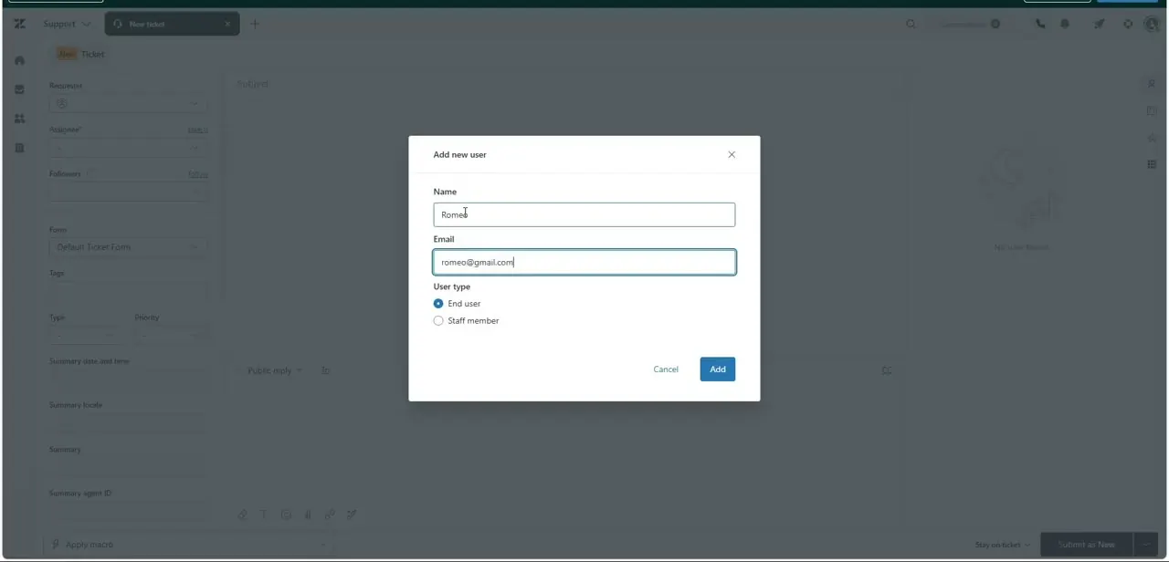 The Add new user modal, prompting for a name, email, and user type before it registers the person as the ticket's requester.