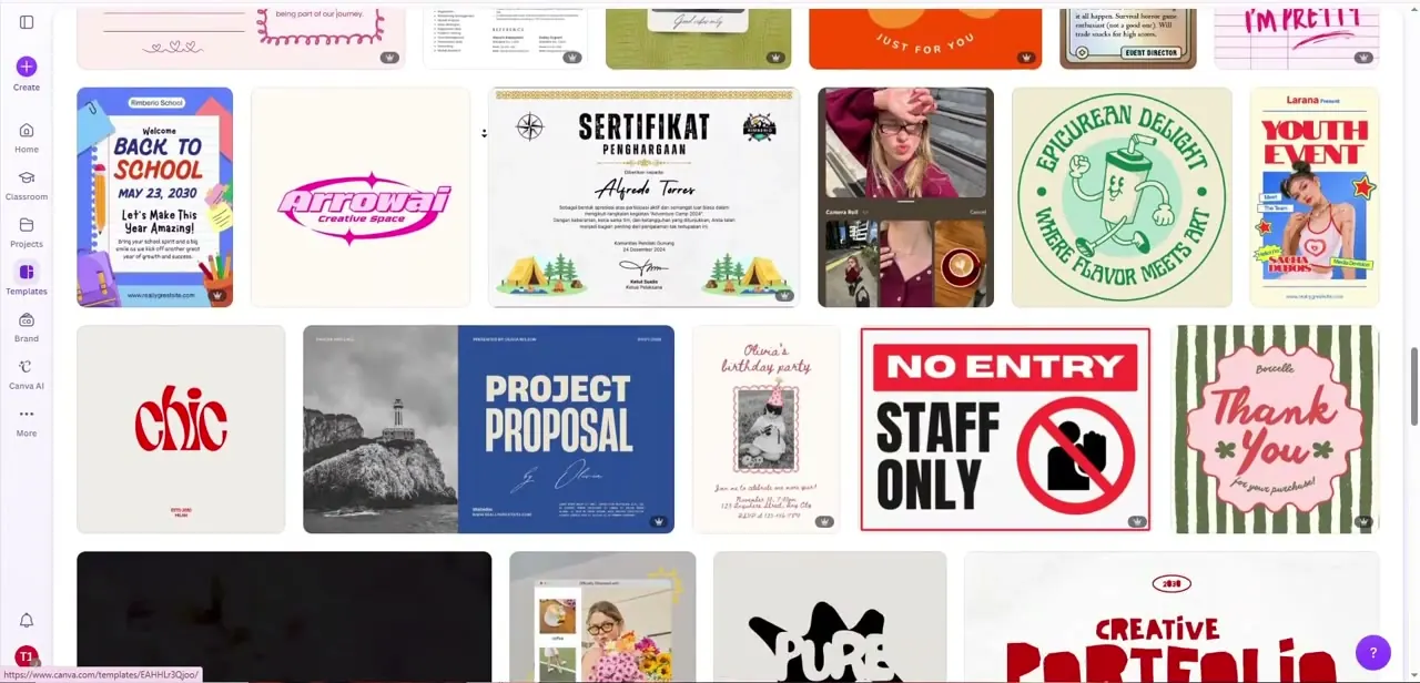 A Canva template gallery mixing flat-design badges, wordmarks, and photo-based layouts — only the flatter, shape-based designs export as true vector SVGs.