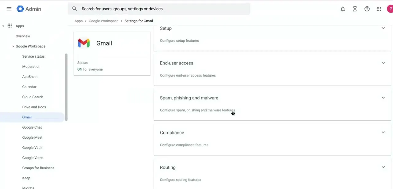 Gmail's admin settings page, with Spam, phishing and malware listed as its own configurable section alongside Setup, End-user access, Compliance, and Routing.